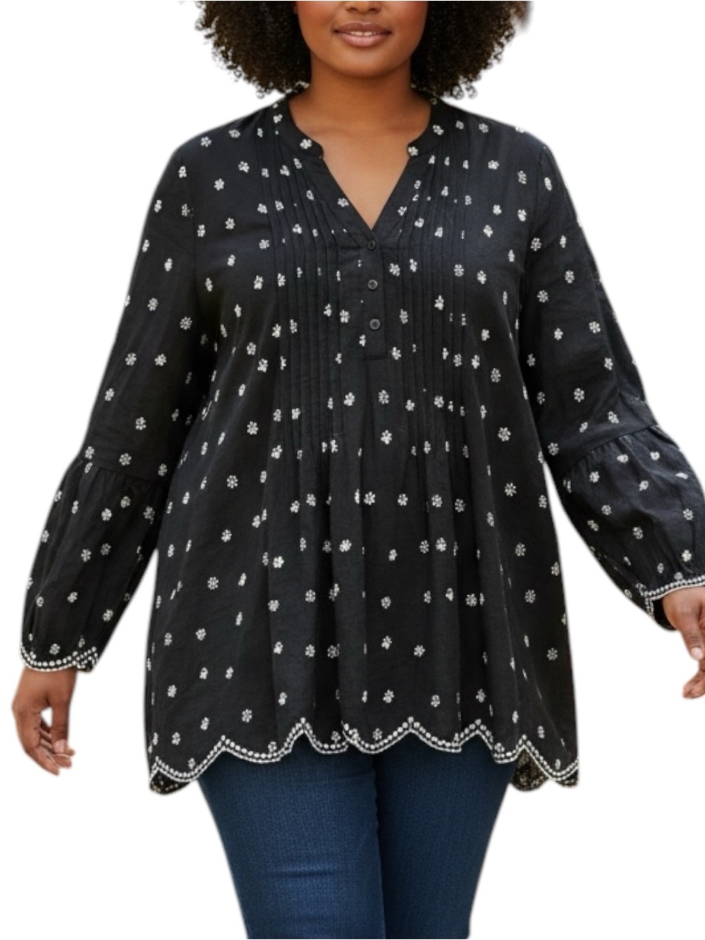 NEW NWT Style & Co. Black Scalloped Pintuck Tunic Top White Embroidery $54.50